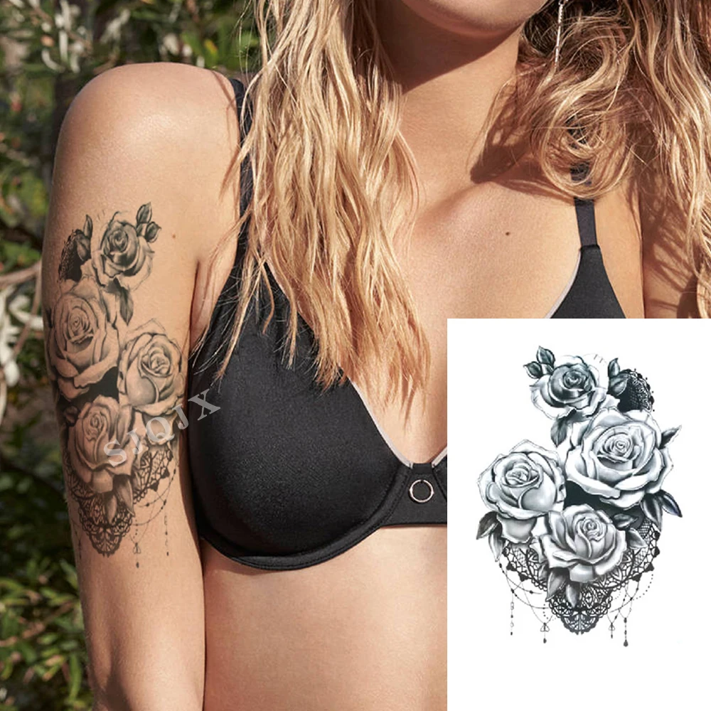1 шт. de moda las mujeres chica tatuaje temporal etiqueta negro diseño rosas flor llena Body art para brasos grande fals | Красота и