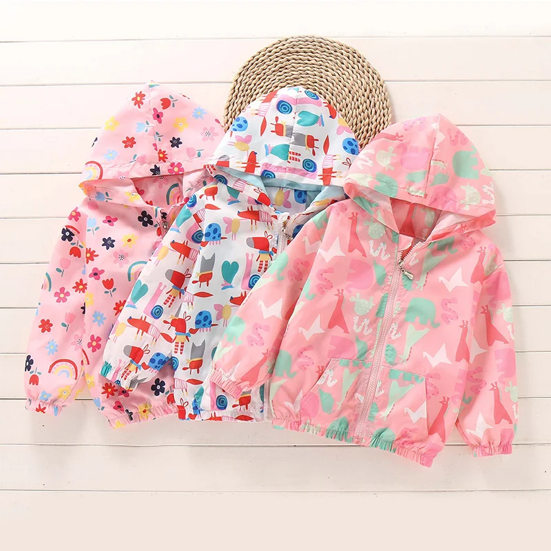 

2021 Kids Clothes Girls Jackets Children Hooded Zipper Windbreaker Fashion Cartoon Print Coat Casual Hoodies For Girls