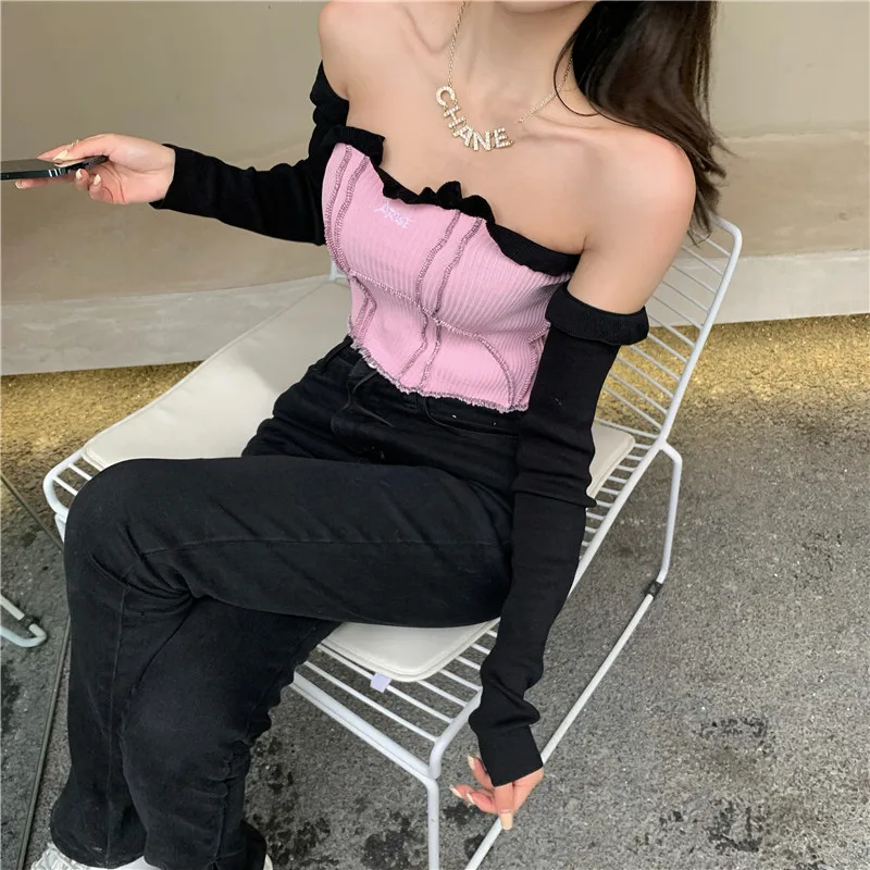 

2021 New Sexy off-Neck Shoulder-Baring Stringy Selvedge Knitted Bottoming Shirt Women's Inner Western Style High Waist Crop Top