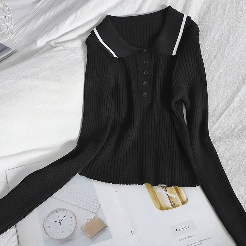 

Sweet Korean Version of The Knit Sweater Spring New Age Reduction Contrast Color Lapel Long-sleeved Breasted Thin Shirt Female