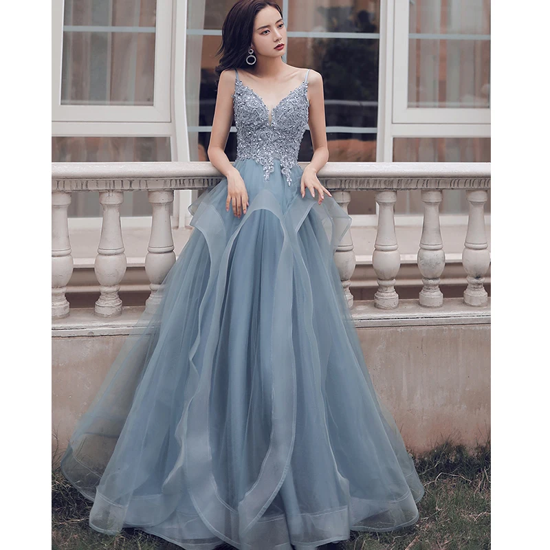 

FOLOBE 2020 New Sexy Spaghetti Straps Evening Dress Lace Sequins Beads Floor Length Tulle Prom Party Dress Vestidos