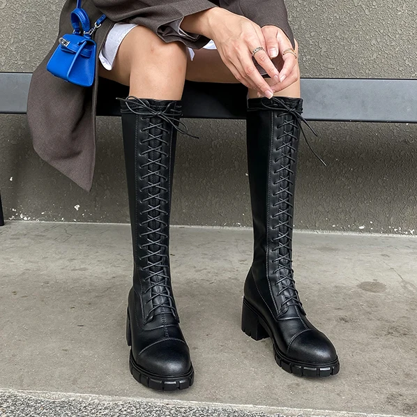 

MORAZORA 2021 New Arrival Knee High Boots Square Heels Round Toe Lace Up Winter Boots Genuine Leather Women Boots Black