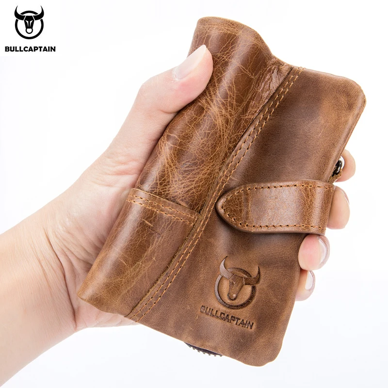 BULLCAPTAIN Men short Wallet Genuine Leather Retro Casual Multifunction Anti-theft brush Top layer cowhide Detachable coin purse
