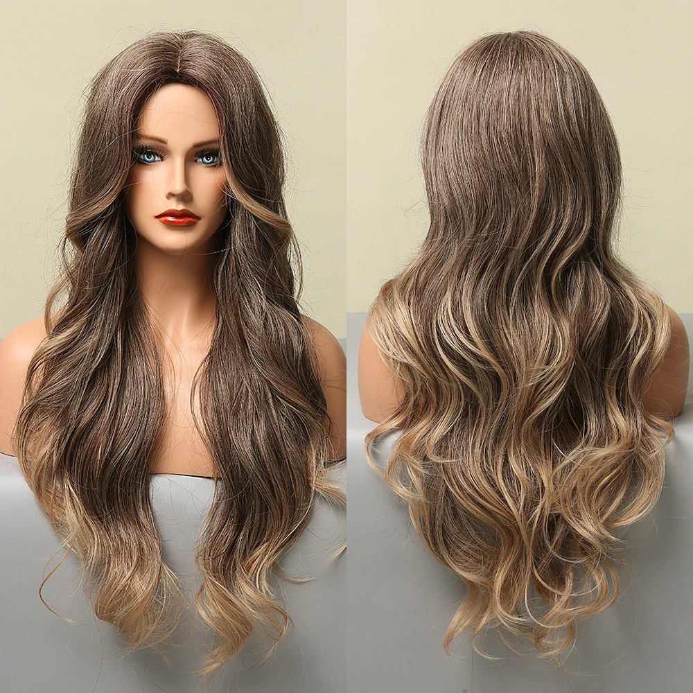 

Ombre Black Brown Synthetic Wigs Middle Part Long Body Wave Wigs for Women Natural Cosplay Party Daily Use Heat Resistant Fiber