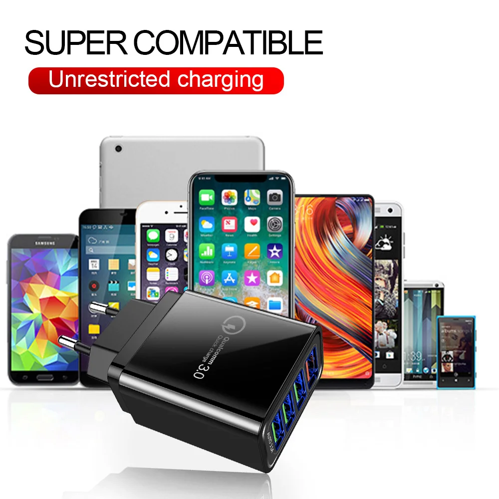 

EU US UK Plug QC 3.0 4 USB Multi-Port Quick Charger Global Mobile Phone Travel Fast Charging Charge 3.0 48W