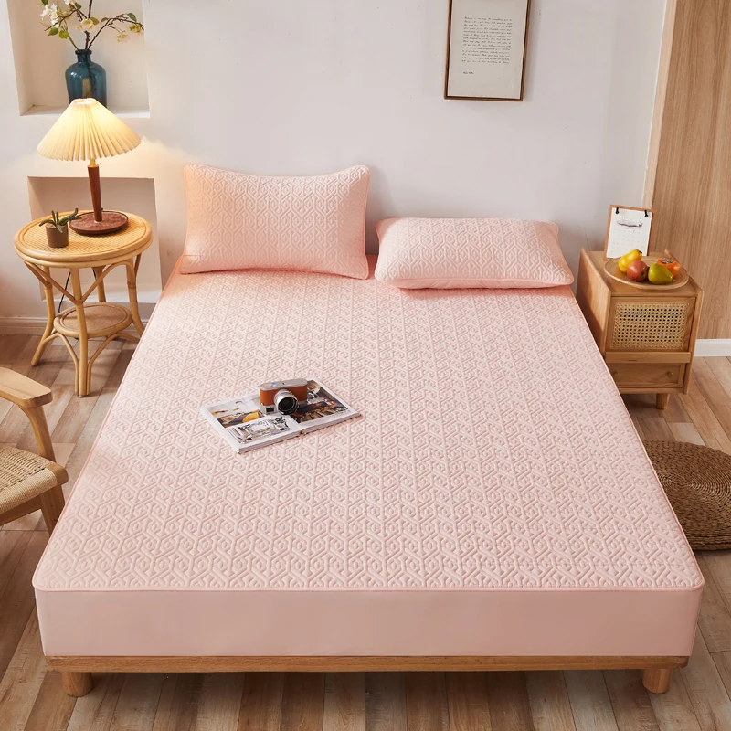 

Solid Color Quilted Mattress Cover King Queen Anti-mite Mattress Protector Cover Soft Sanding Bed Cover Not Included Pillowcase