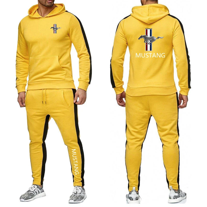 

2021 Men's Mustang 2 Pieces Suits Tracksuit Hooded Sweatshirt Sweatpants Sets Pullover Hoodie Sportwear Suit Casual Mans Clothes