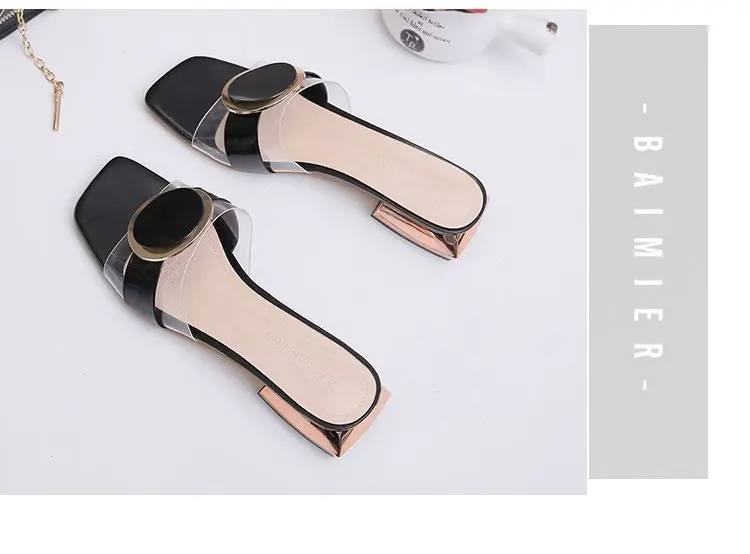 2021 New Fashion Slippers Women's Low Heel Transparent Slippers Square Heel Summer All-match Women's Sandals  Shoes Woman