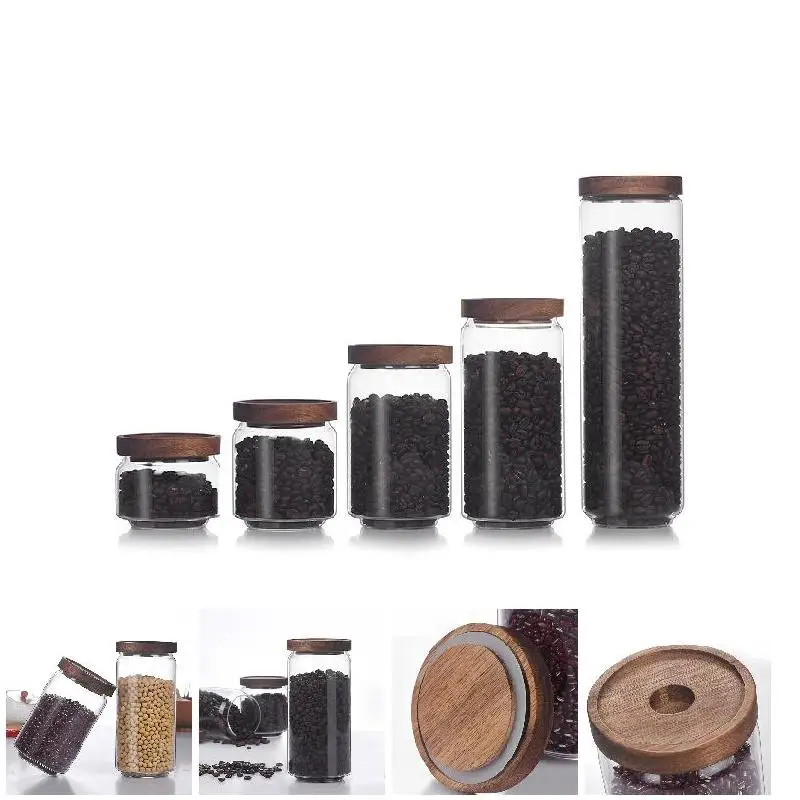 

Wood Lid Glass Airtight Canister Kitchen Storage Transparent Bottles Tea Caddy Grain and Dried Fruit Household Candy Jar FPing