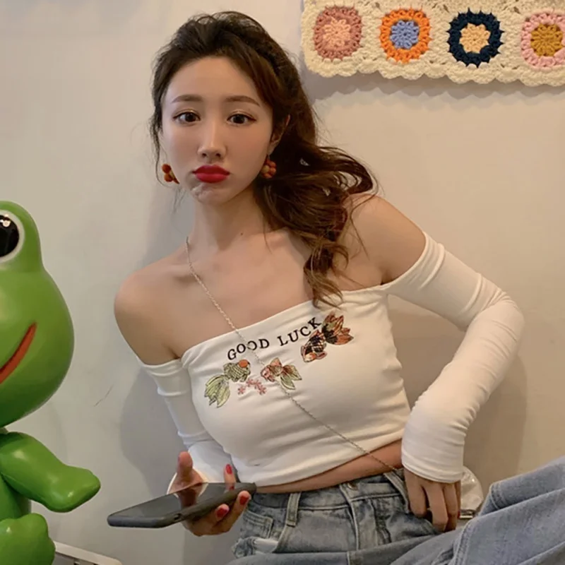 

Женская Базовая футболка, Сексуальная футболка с открытыми плечами и воротником-лодочкой, с длинным рукавом, женская футболка с рисунком ры...