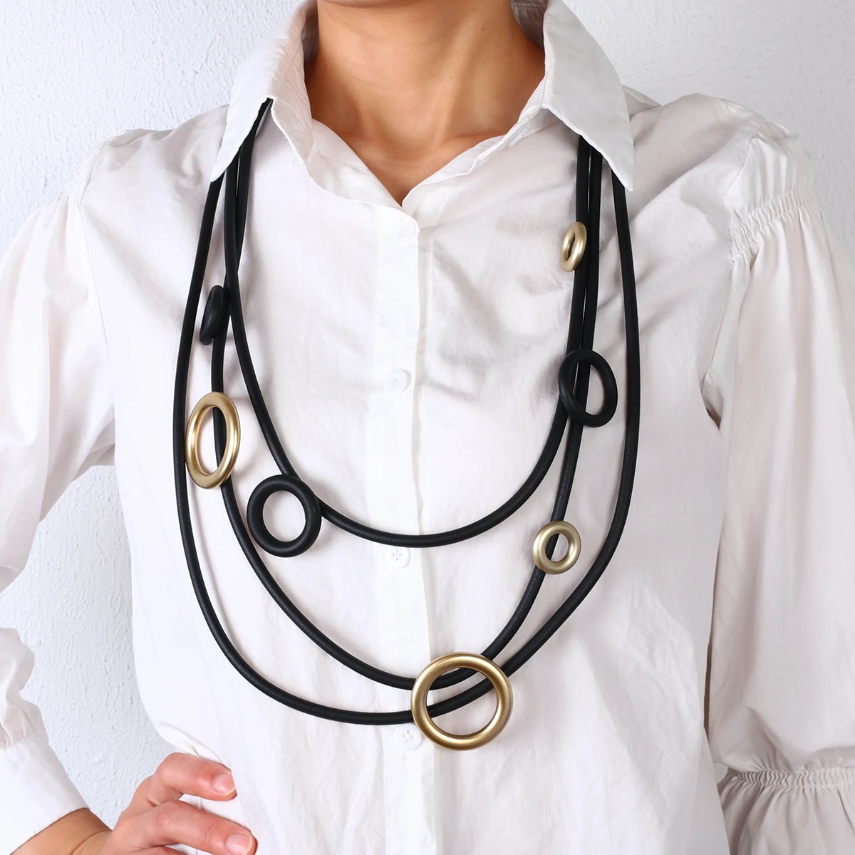 

Amorcome Multilayer Black Leather Rope Necklace Women Fashion Circle Pendant Rubber Necklaces Chain Choker Handmade Jewelry Gift