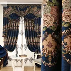 Custom curtains high class European luxury Simple pure blue color French velvet embroidered lace curtain valance tulle