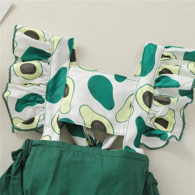 

Baby Girls 2Pcs Summer Outfits Ruffle Sleeve Avocado Print Backless Romper with Headband Set