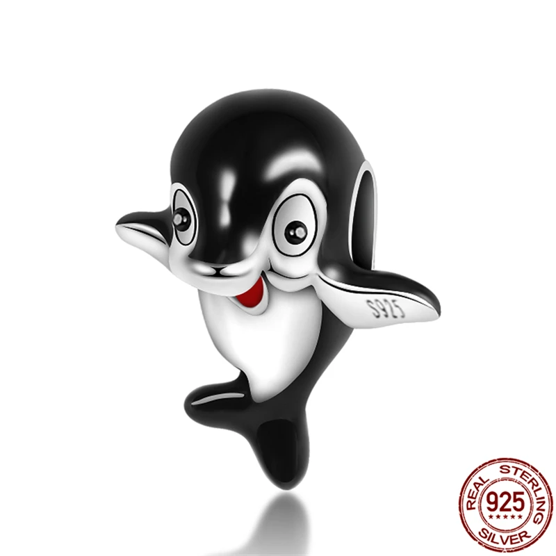 

Genuine 925 Sterling Silver Black And White Dolphin Charm Fit Original 3mm Bracelet&Bangle Making Fashion DIY Jewelry For Women