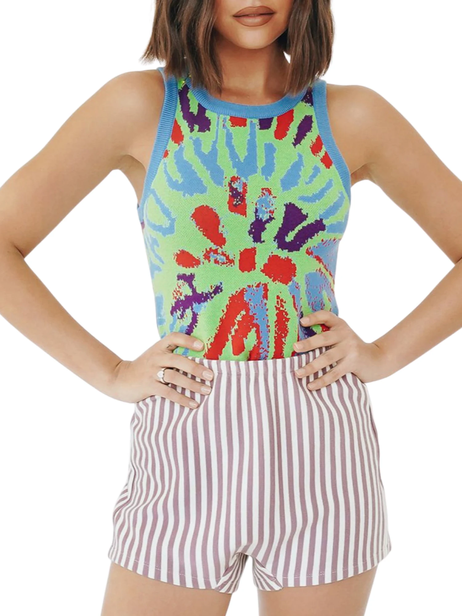 

Women Knitted Vest 90s Girls Y2K Variegated Color Round Collar Sleeveless Tops Retro Grunge Preppy Style Tanks Vests Streetwear