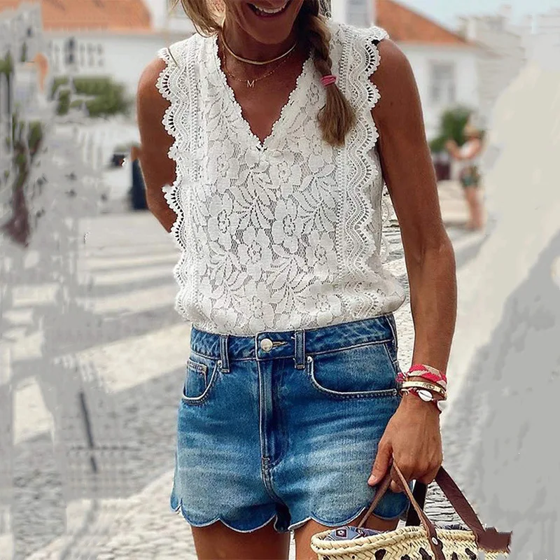 

2021 Sexy Camis Women V-Neck Lace Back Button Top Summer Vest Tank Tops Women Casual Shirt Sleeveless Tee Streetwear