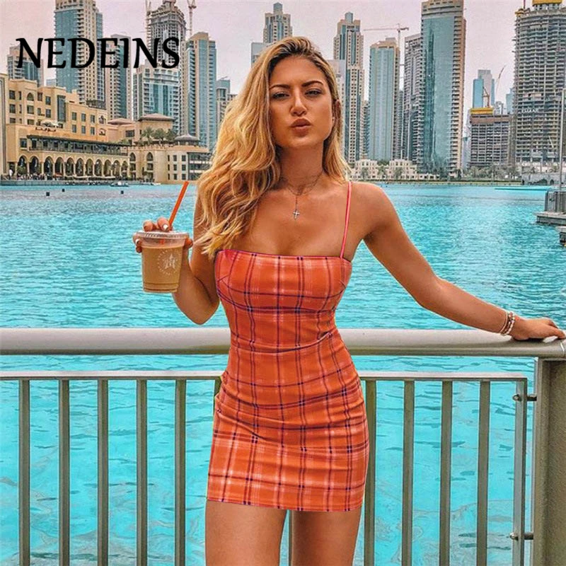 NEDEINS Мода 2020 летнее женское платье в клетку пикантное сексуальный пляжный Мини