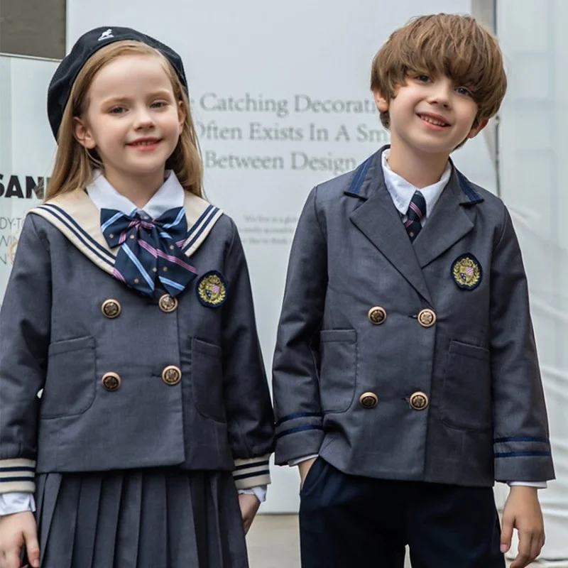 

Double Breasted Bow Tie Suit Coat Plaid Skirt Trousers Shirt School Style 3pcs Clothing Sets for Baby Girls Boys Kids Clothing