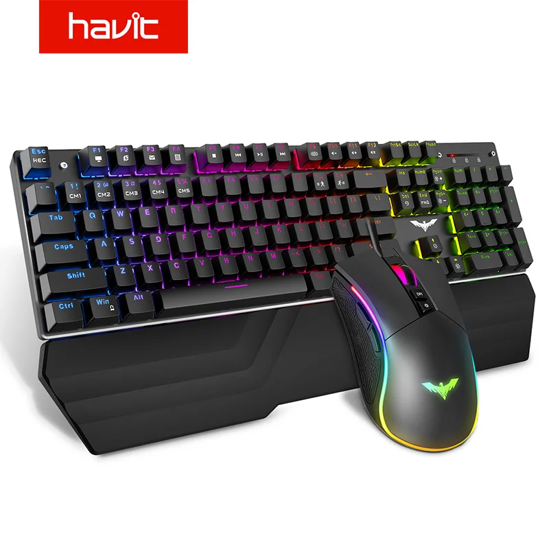 

New HAVIT Mechanical Keyboard Mouse Set 104 Keys Blue Switch Gaming Mouse RGB Light Wired USB For Russian US UK GER/DE Version