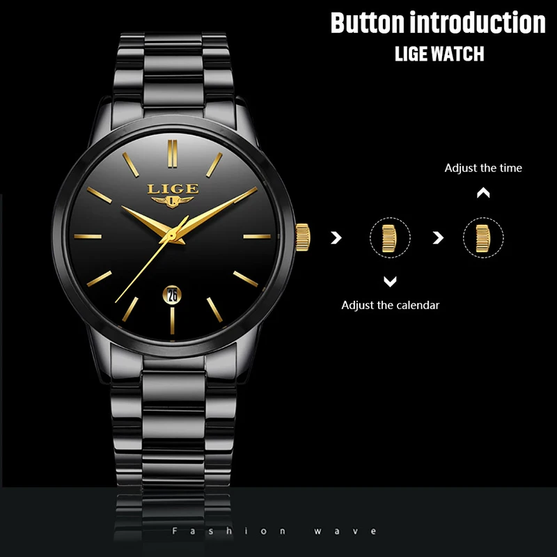 LIGE золотые мужские s часы лучший бренд класса люкс модные бизнес из нержавеющей