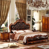 modern european solid wood bed 2 people fashion carved genuine leather french bedroom furniture 10234