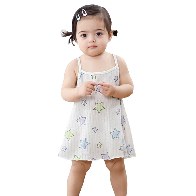 

Toddler Infant Baby Girl Summer Cotton Camis Dress Cartoon Print Ribbed Spaghetti Strap Tank Top Sleeveless Undershirt
