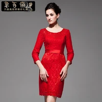 free shipping 2016 short red bride vestido de festa longo fashion gowns for women lace long sleeve party prom cocktail dresses