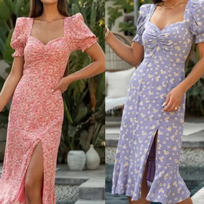 

Bikoles 2021 Summer New Sexy Ladies Puff Sleeve Print Midi Dress Floral Split Hollow Out Backless Ruffle Zippers Women Plus Size