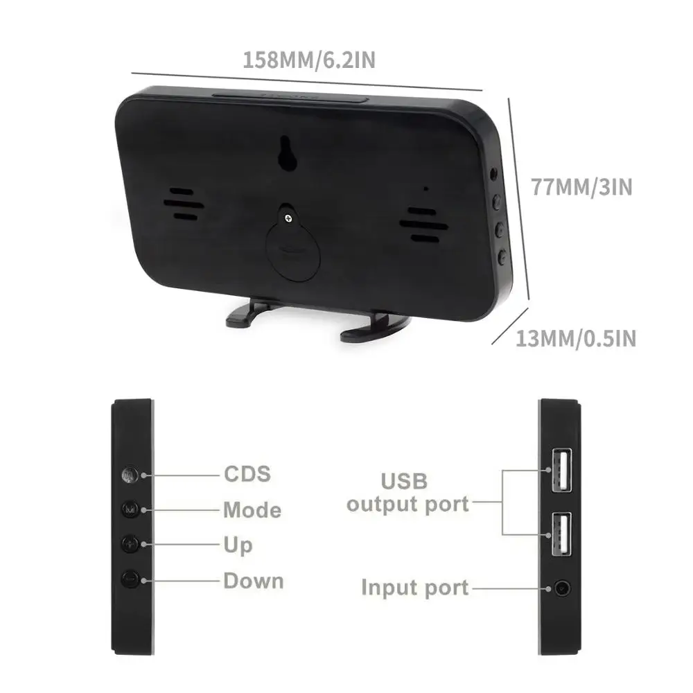 декор для дома Новый LED зеркальный будильник Двойной USB порт зарядка часы