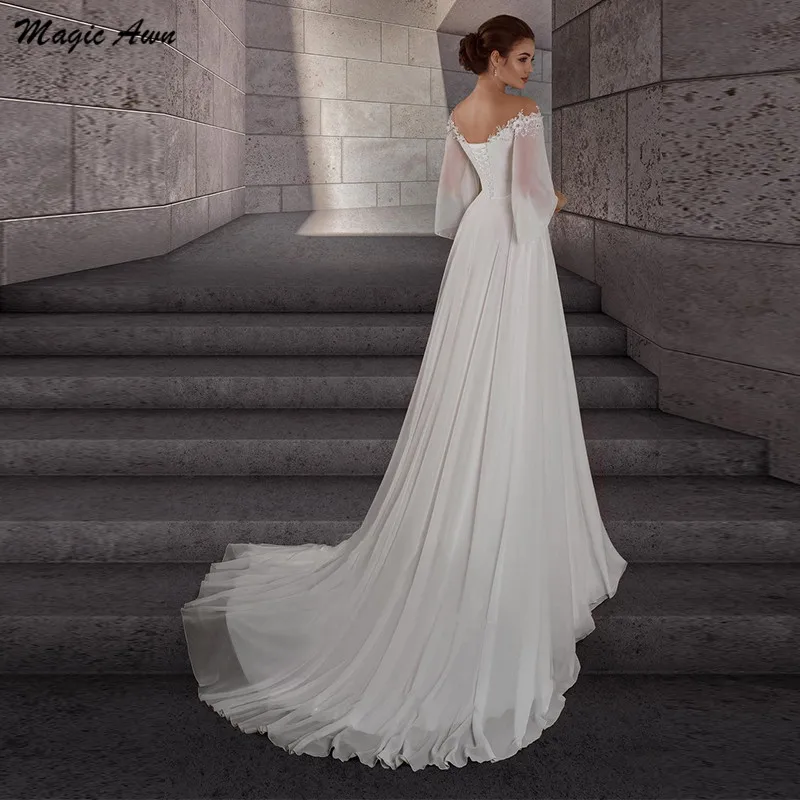 

Magic Awn Elegant Maternity Chiffon Wedding Dresses Long Sleeves Bohemian Pregnant Bride Gowns Lace-Up Back Simple Vestidos