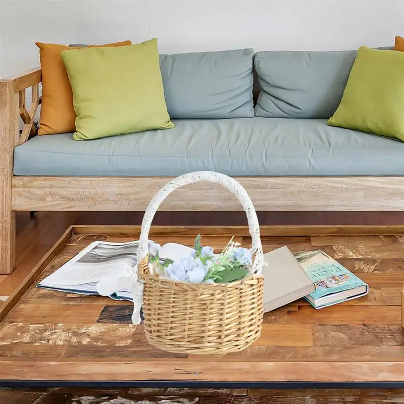 

1Pc Woven Flower Basket Hand-Held Basket Wedding Decorative Basket Gift Milk White Rattan Woven Storage Basket (Khaki)