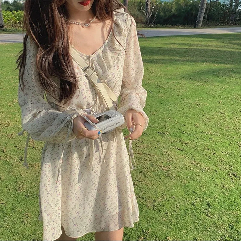 

Sweet Bandage Dresses Females High Waist Long Sleeve Chiffon Mini Dresses Women Korean Style Fashion Dresses 2021 Summer V-neck