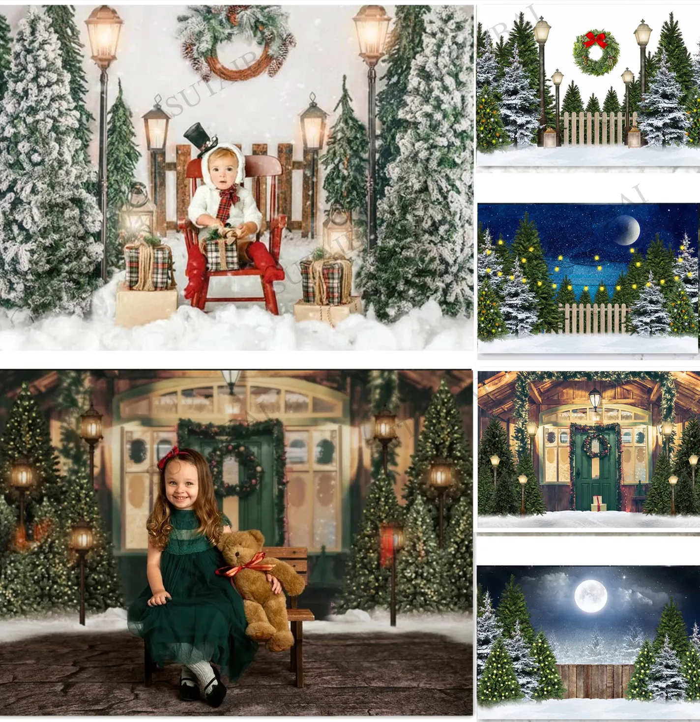 

Christmas Winter Snow Night Backdrops for Photography Christmas Tree Fence Decor Photographic Studio Photo Backgrounds