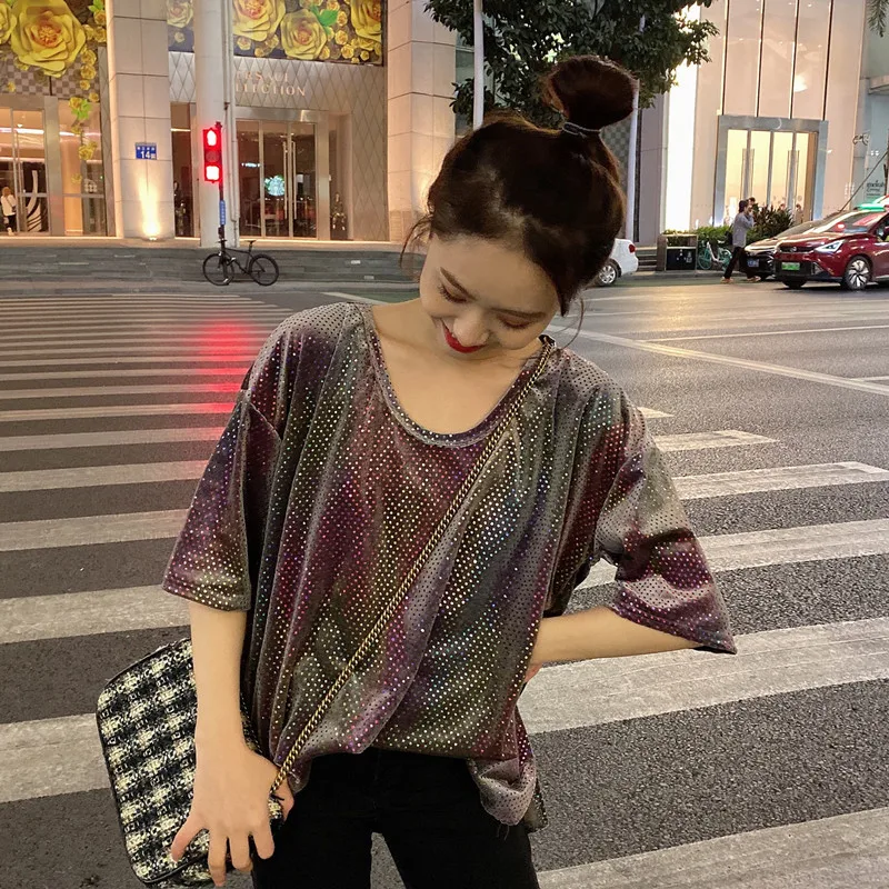 

autumn plus size women casual shiny velour t-shirts lady gradient tees femme loose velvet gradient tops