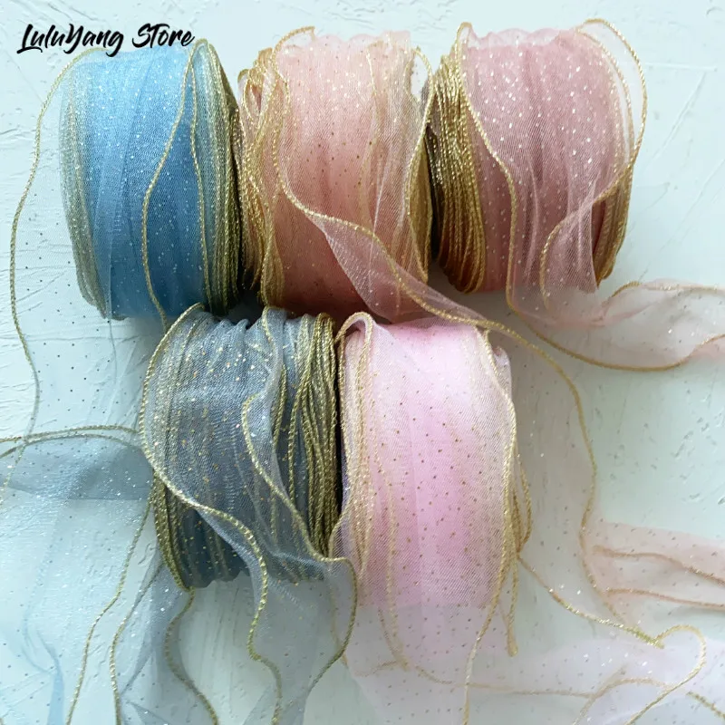 20 метров Проводная марля ленты из органзы с золотой серебряной блестящей вуалью