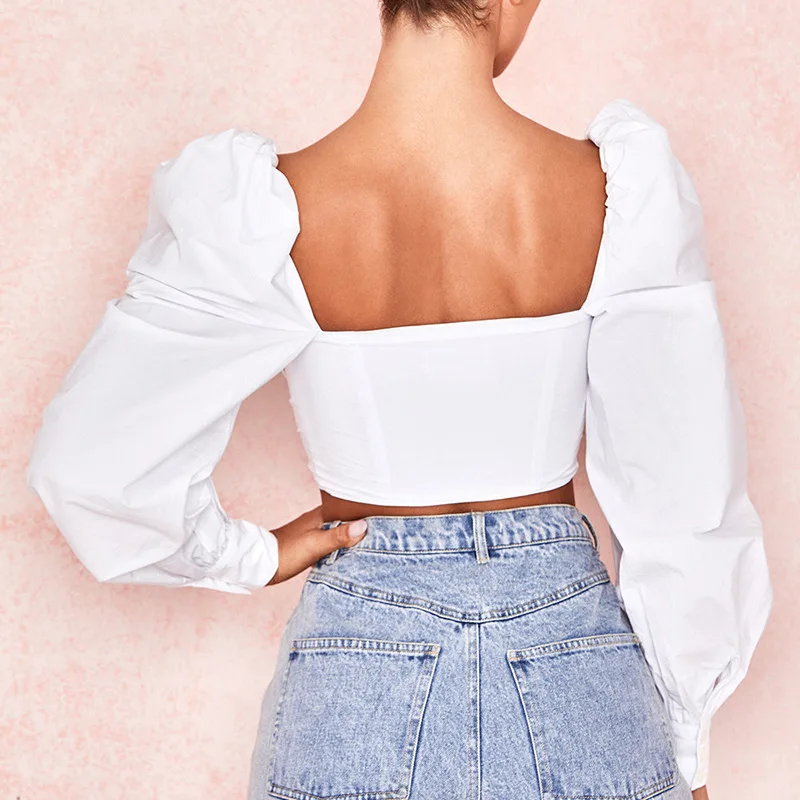 Darcydebie осень сплошной цвет грудь обертывание шнуровкой пузырь рукав открытый