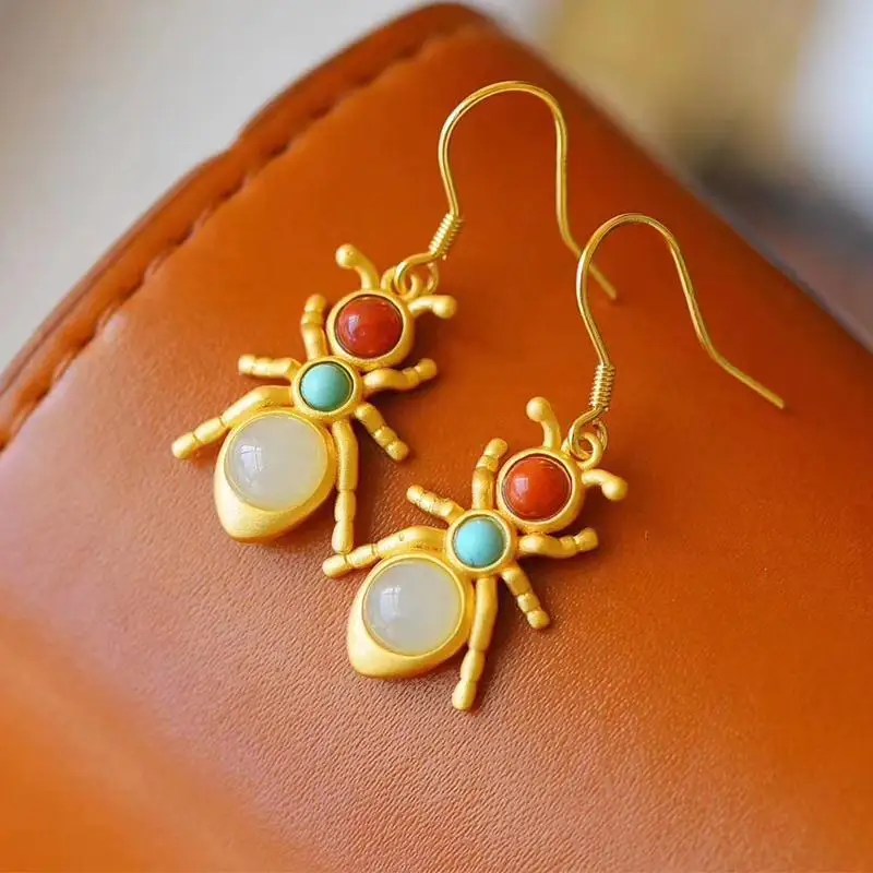 

Hetian Jade Sterling Silver Inlaid Gilding Happy Spider Eardrops Earrings Female Personalized Minority Retro Mori Girls Light Lu