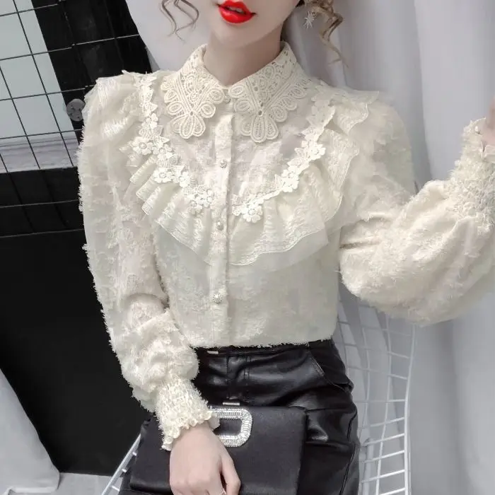 Женская кружевная блузка с длинным рукавом осенне-зимняя рубашка - купить по