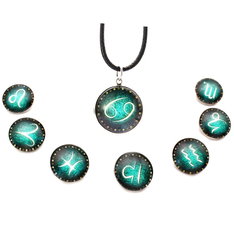 Ожерелье с кулоном 12 созвездий Знаки зодиака стеклянная круглая кожаная цепочка