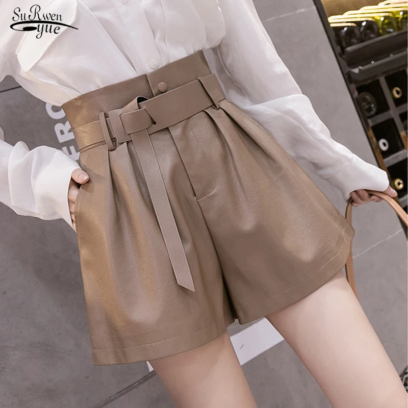 

2022 Autumn Winter Black PU Faux Leather Women Shorts Sashes Elastic High Waist Wide Leg Shorts Elegant fashion Trousers 12242