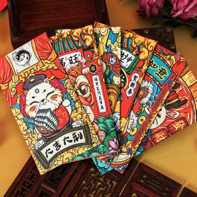 6 шт. конверты красного цвета с изображением мультяшной крысы на Новый год в