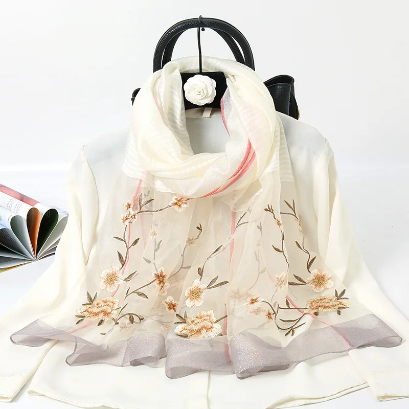

2022 women silk wool scarf fashion solid Embroidery beach stoles female foulard shawls wrap hijabs scarves High Quality Bandana