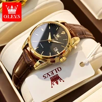 olevs casual fashion brown strap automatic mechanical watch women luxury gold case luminous waterproof ladies watch 6629g