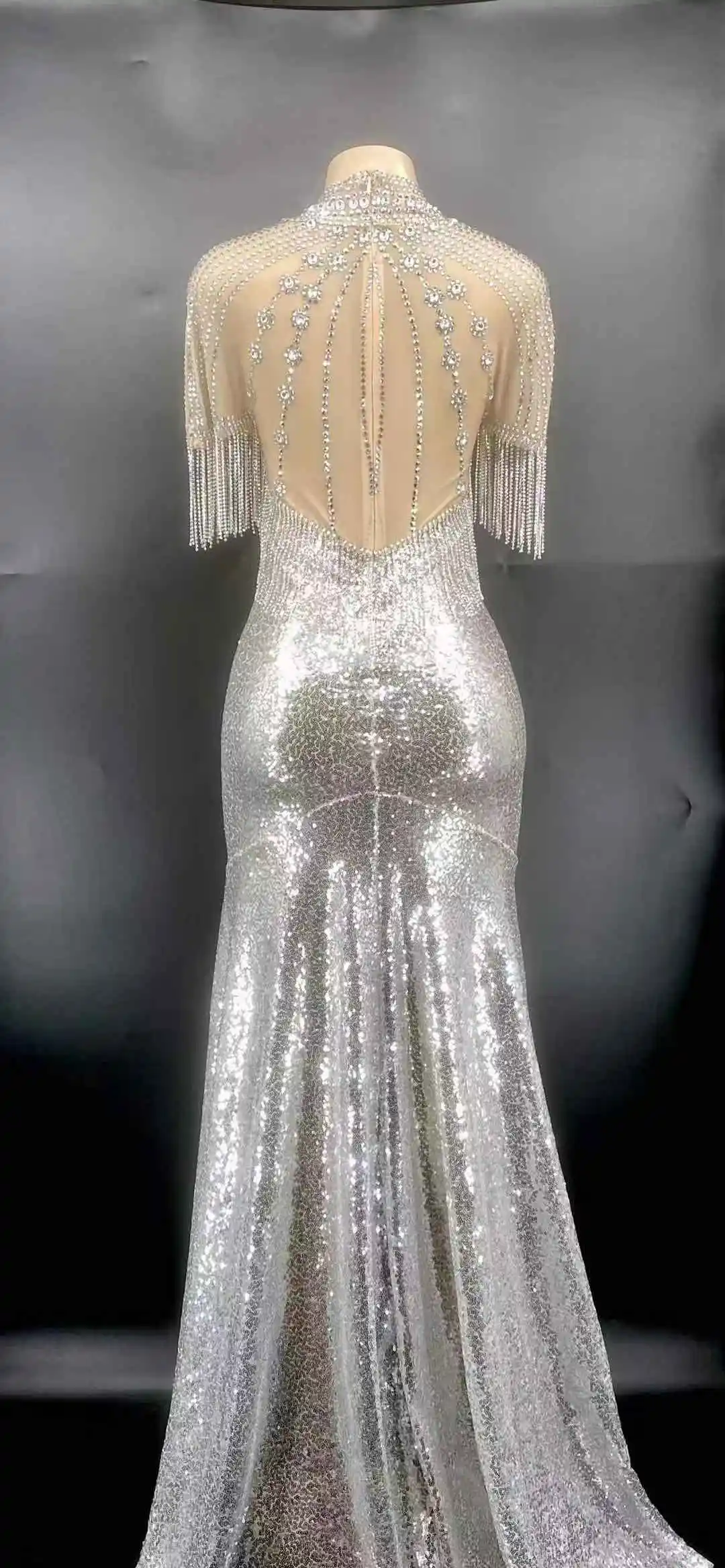 

Sparkly Rhinestone Fringes Crystal Sequin Long Dress Women Celebrate Birthday Dress Prom Party Gown Dress Singer Sexy Stage Wear