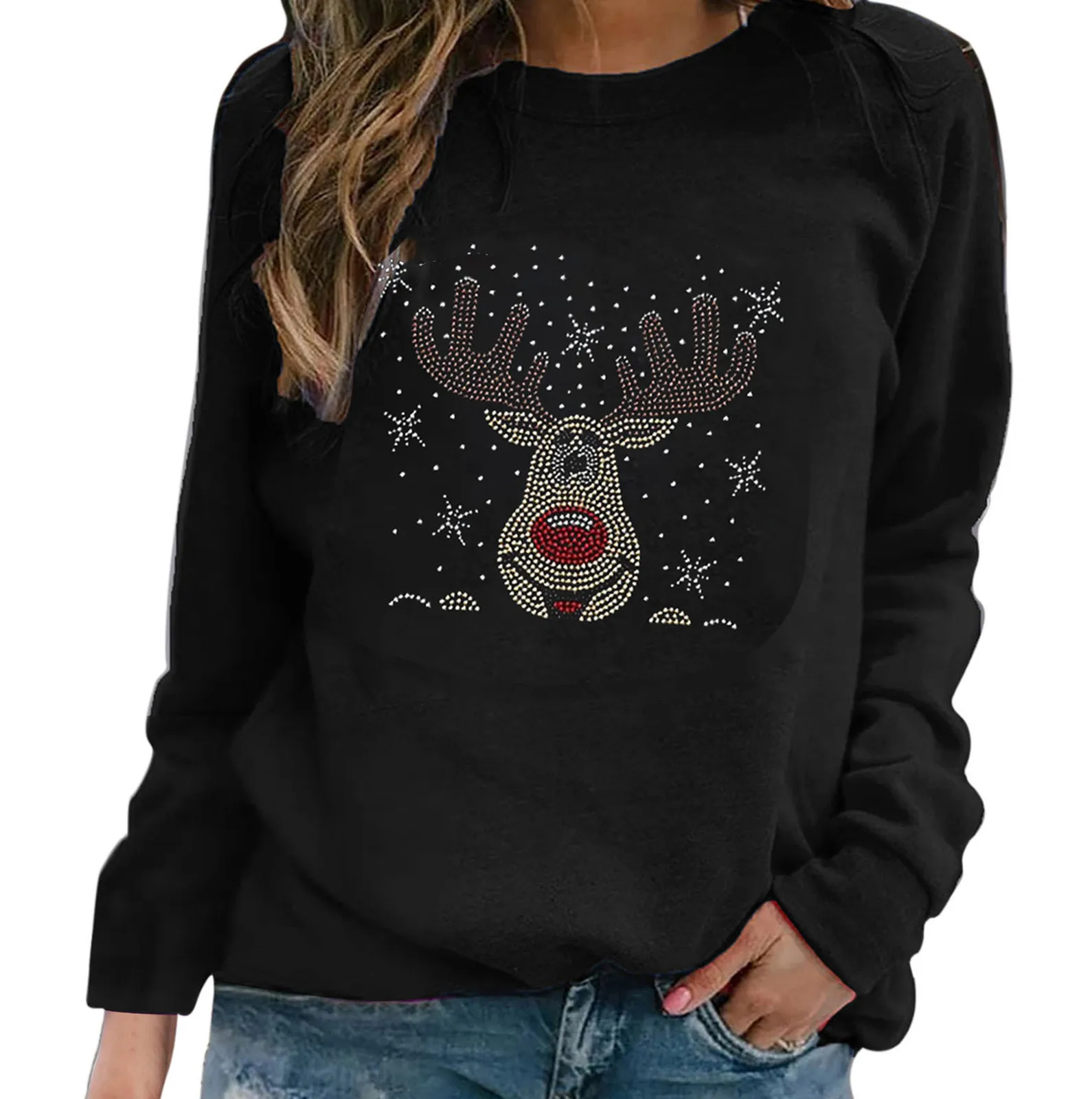 2021 Christmas Rhinestone Christmas Tree Santa Elk Print Fashion Womens Casual O-neck Long Sleeve Tops T-shirt Clothing #dz