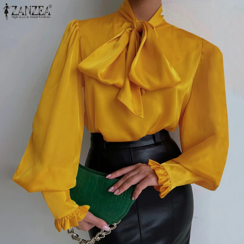Элегантная офисная рубашка ZANZEA туника топы модная однотонная атласная блузка с