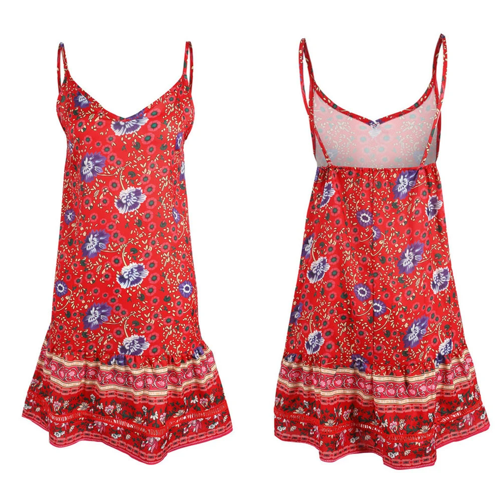 Женское короткое пляжное платье на бретельках с открытой спиной богемное