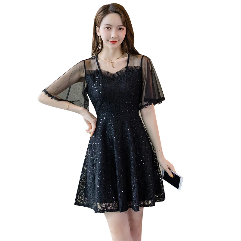 

COIGARSAM Patchwork women one-piece dress Korean New Summer Lace Butterfly Sleeve Sequins Mesh Dresses Pink Black 6856