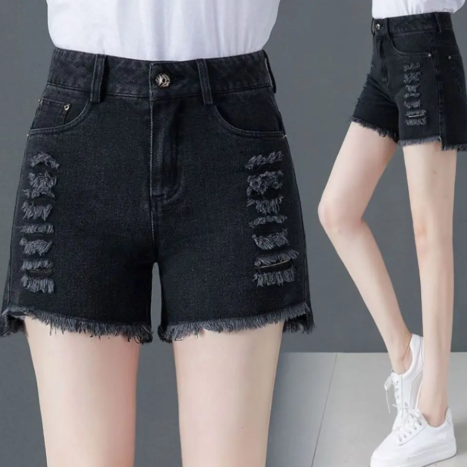 

High quality black perforated denim shorts women's summer new loose high waist thin versatile student pants
