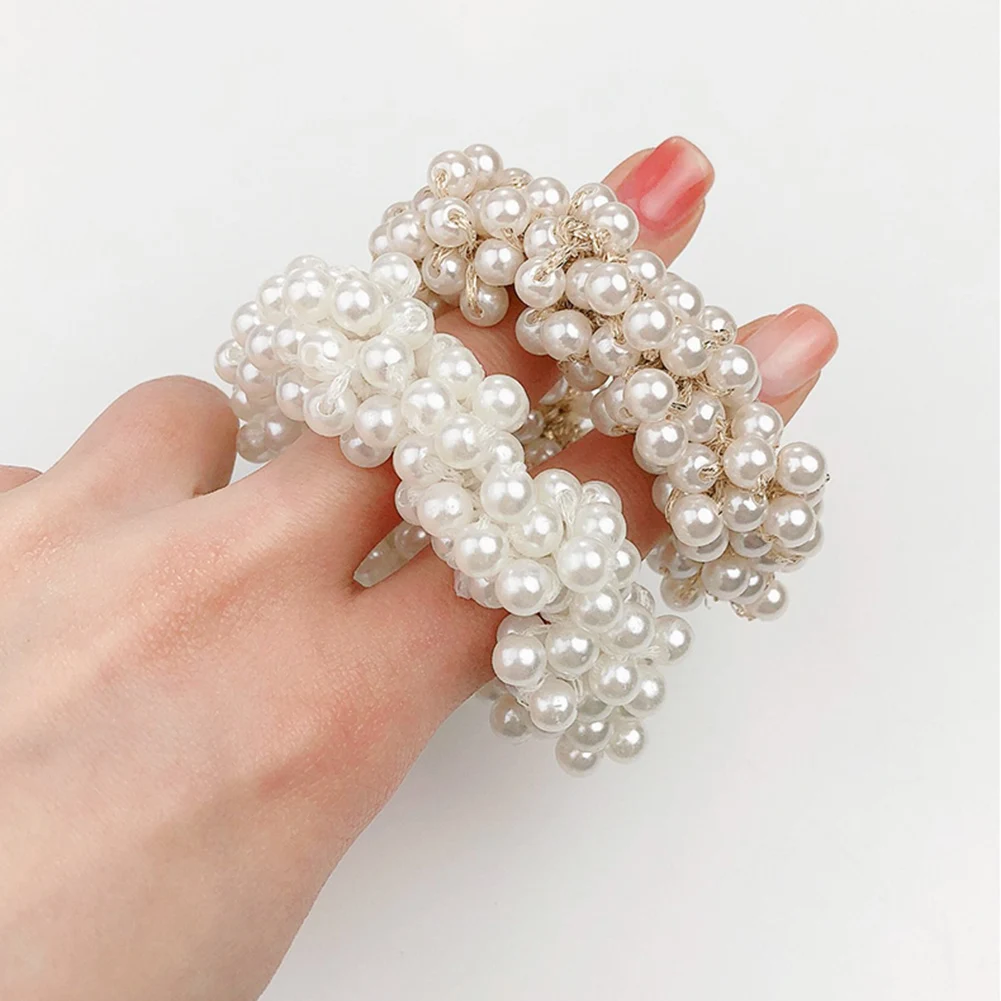 

Fashion Rope Scrunchie Ponytail Holder White Black Champange Faux Pearl Beads Elastic Hair Bands Hair Accessories for Women